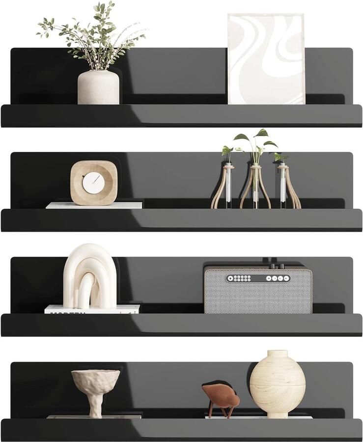 Zwart Wandrek zonder boren Acryl zwevende planken Set van 4 32 x 10 x 8 cm