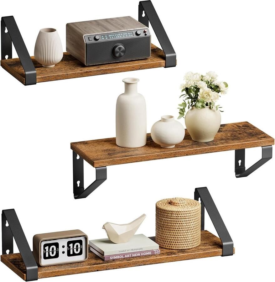 Whoopr Wandplank Set van 3 – Zwevende Planken in Industrieel Design – Wandplanken Stabiele Wandmontage Plank voor Woonkamer Badkamer & Keuken – Vintage Look