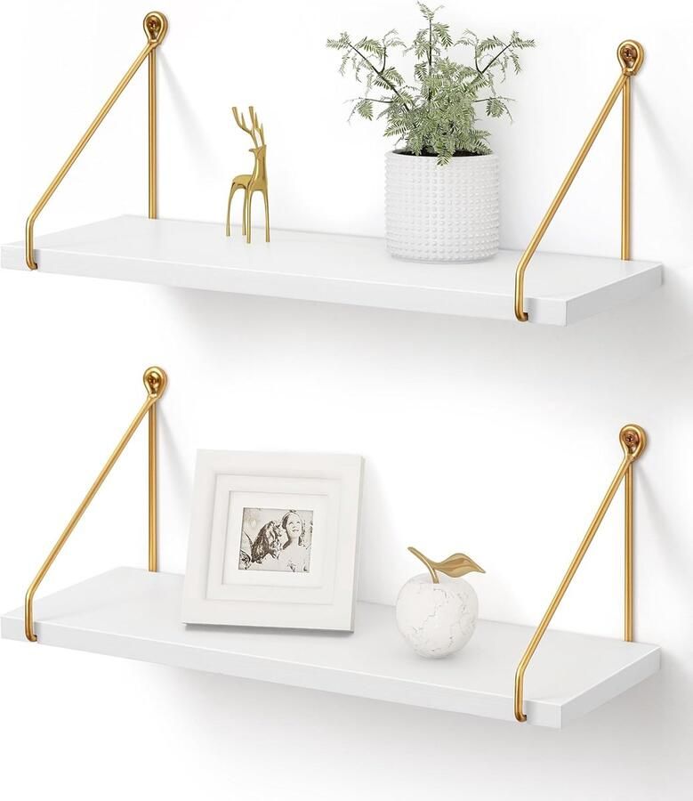 Famanu Zwevende planken voor muur metallic goud wit wandplanken voor badkamer keuken slaapkamer massief hout metaal chique muur boekenplank set van 2