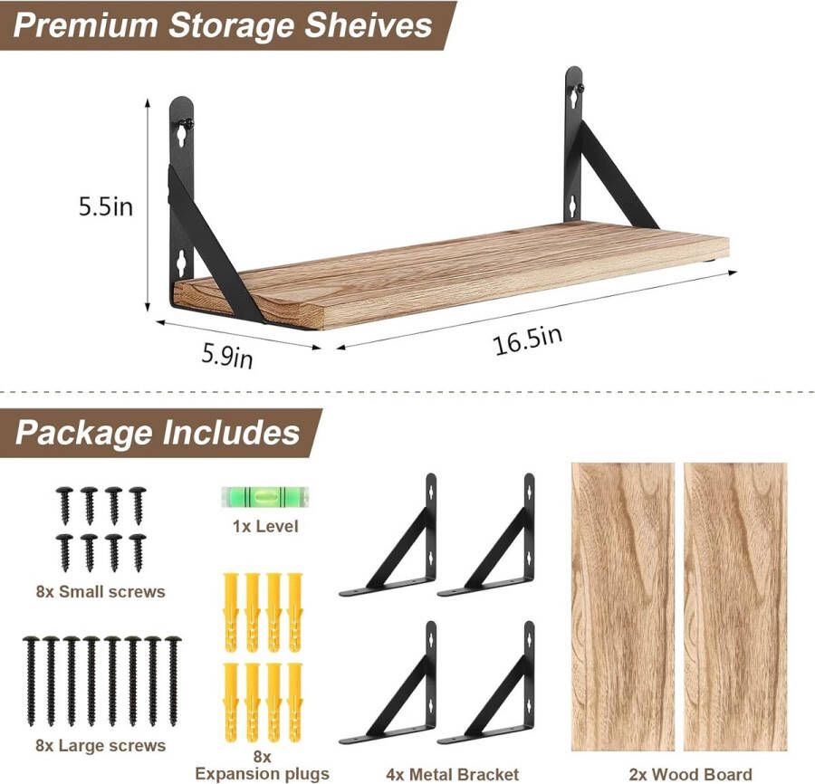 Wandrek rustiek zwevend rek 42 cm set van 2 metaaldraad voor woonkamer slaapkamer keukenplank houtkleur vintage lichtbruin