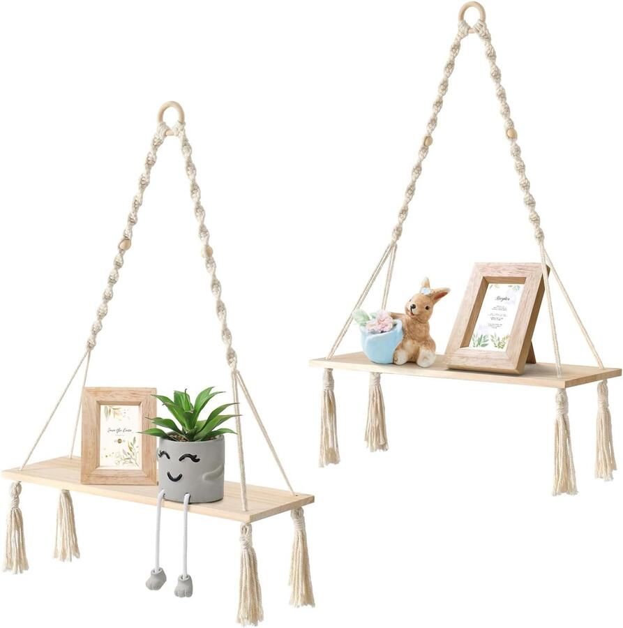 Wandrek Set van 2 Hangend Macramé Houten Rek voor Binnen en Buiten Boho Stijl Ideaal voor Kamer Balkon en Badkamer