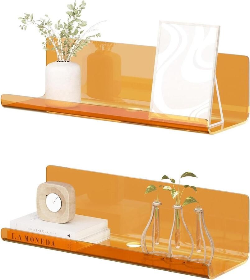 Wandrek set van 2 stuks acryl zwevend rek kabelclips keuken badkamer 30 x 10 x 8 cm oranje Wandplanken & -rekken