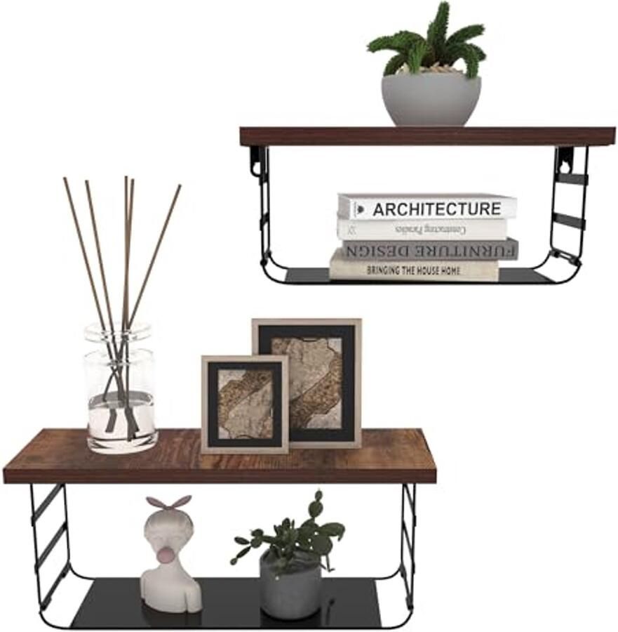 Wandrek Set van 2 Zwevende Planken met Zwart Metaal voor Badkamer Slaapkamer Woonkamer Keuken