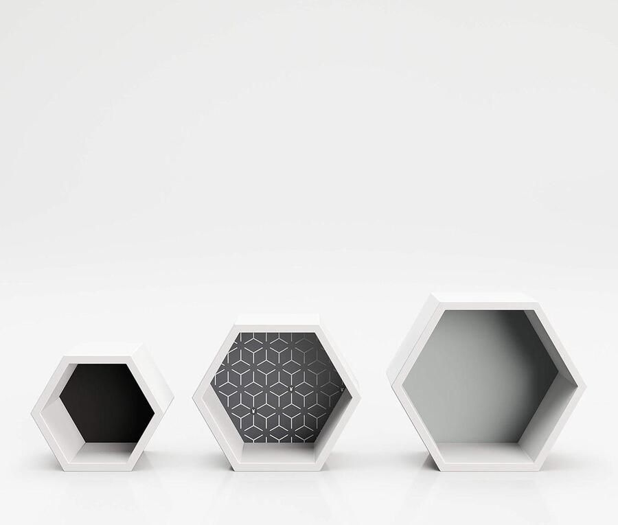 Wandrek set van 3 6-hoekige vorm wit met gekleurde achterwand decoratieve plank hexagonaal zwevende plank verzamelrek