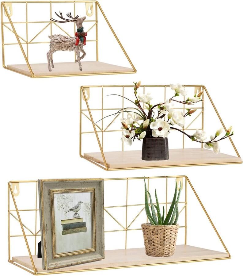 Wandrek set van 3 Gouden hangplanken Metaal en hout