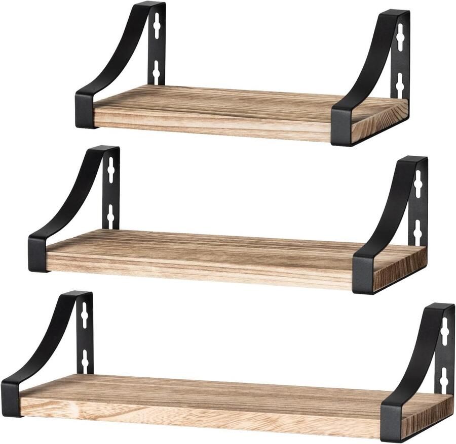 Wandrek Set van 3 Hout en Metaal Rustiek Draadontwerp Maximaal 20 kg voor Woonkamer Slaapkamer Kantoor Badkamer of Keuken