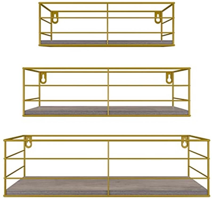 Wandrek Set van 3 Houten Planken met Gouden Metaal voor Keuken Badkamer en Woonkamer