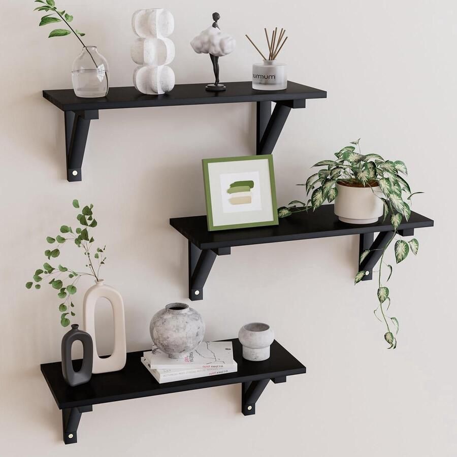 Wandrek Hout Keukenrek 3-delige set Zwart Hangen