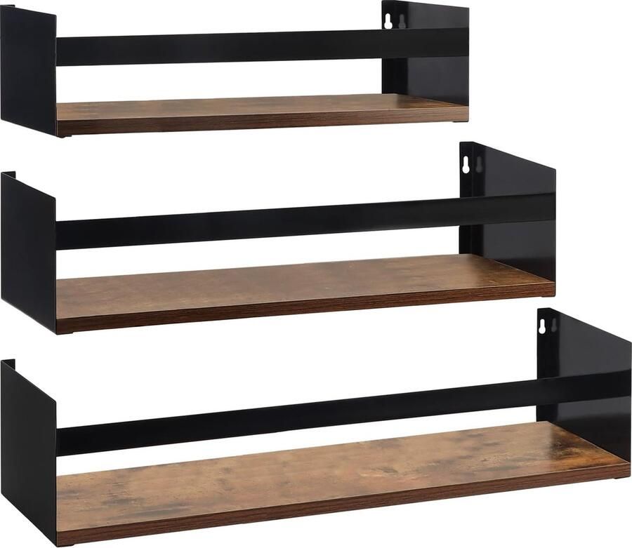 Wandrek set van 3 zwevend rek met rustieke houten plank en zwart metaal voor keuken badkamer woonkamer kantoor 60 cm