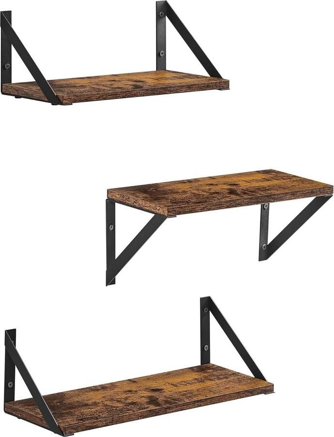 Wandrek set van 3 zwevende plank hoogglanzend oppervlak voor decoratieve artikelen fotolijsten slaapkamer woonkamer keuken en badkamer vintage bruin-zwart
