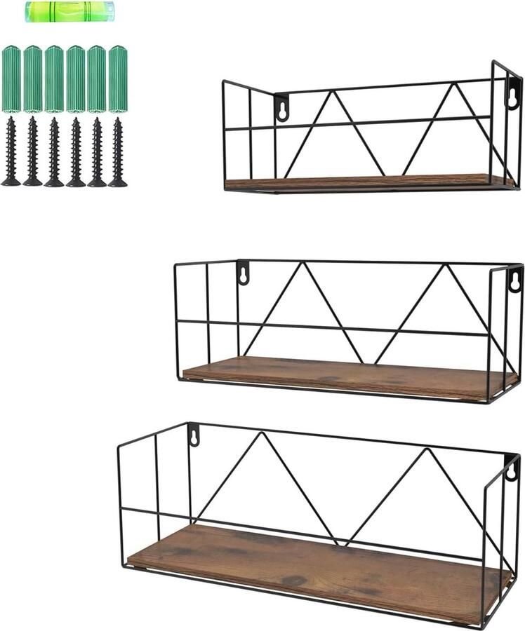 Wandrek set van 3 Zwevende planken voor moderne woondecoratie Rustieke opbergplanken met metalen draad