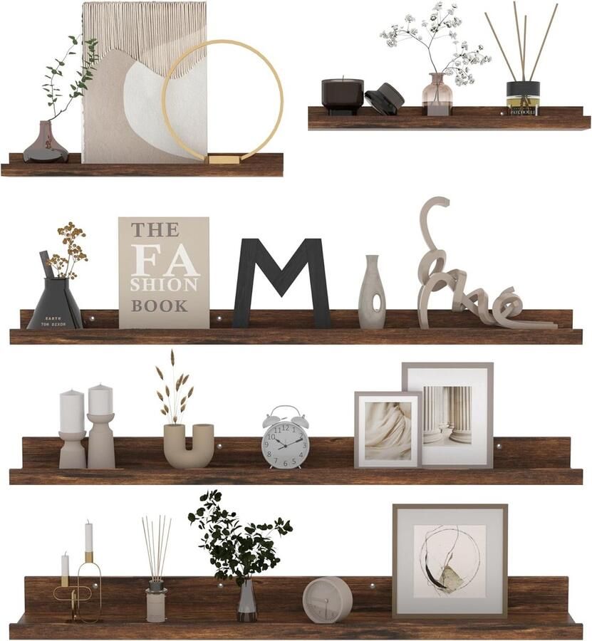 Wandrek set van 5 geschikt voor woonkamer slaapkamer keuken kantoor enz. 2 stuks 45 cm + 3 stuks 90 cm bruin