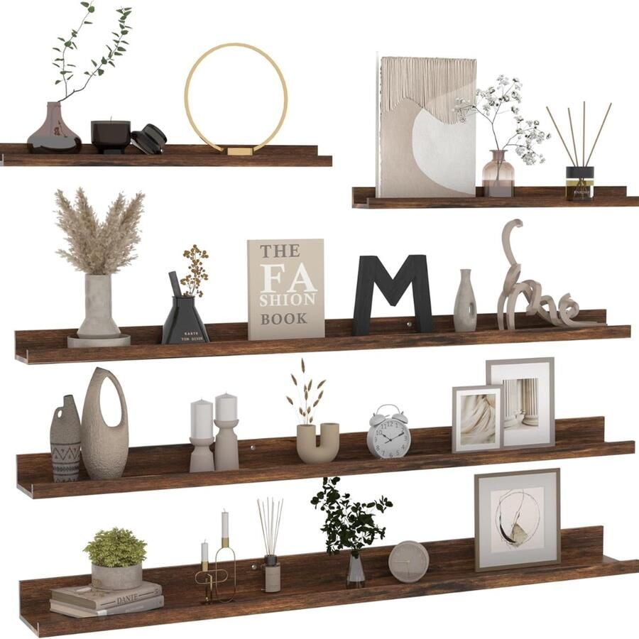 Wandrek set van 5 geschikt voor woonkamer slaapkamer keuken kantoor enz. 2 stuks 60 cm + 3 stuks 120 cm bruin