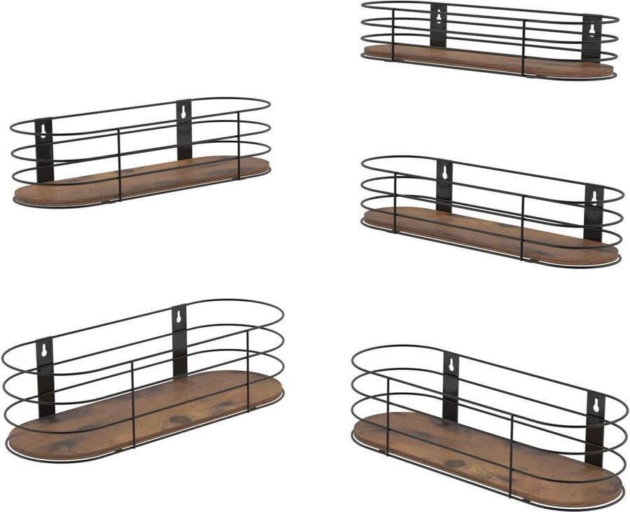 Wandrek set van 5 Zwevend rustiek houten plank met metalen houders voor woonkamer keuken en badkamer