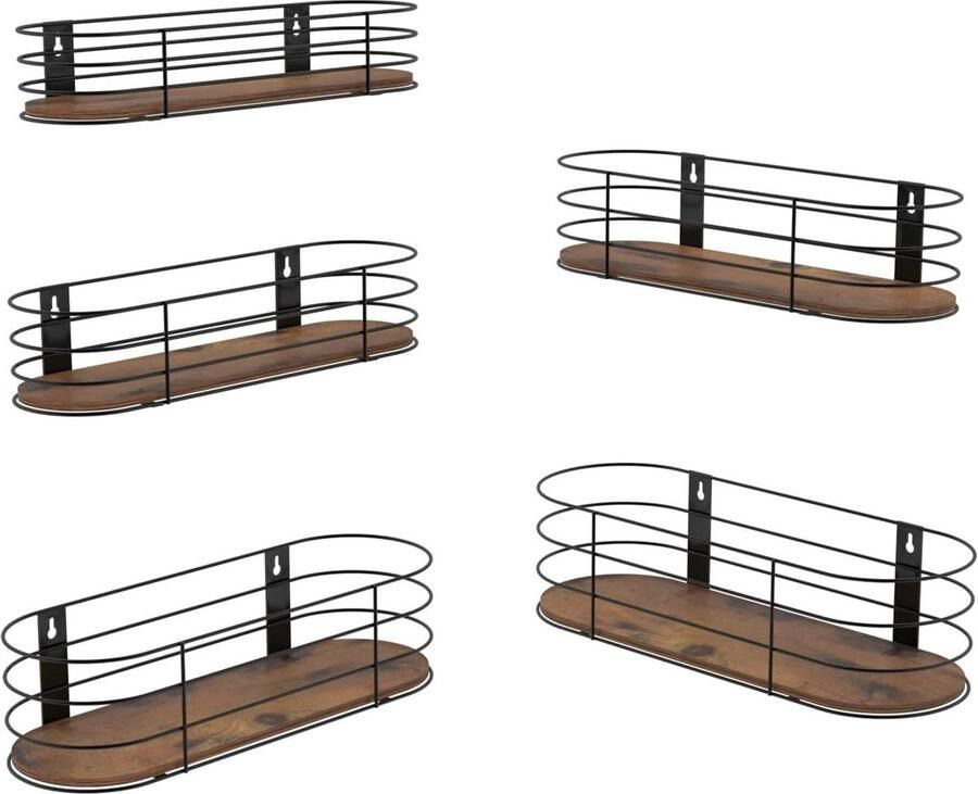 Wandrek set van 5 zwevend rustieke houten plank en zwart metaal keuken badkamer woonkamer kantoor bathroom shelf wood