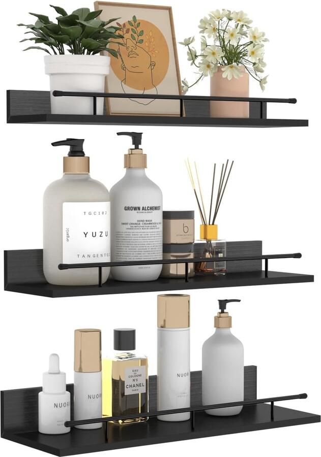 Riokem Zwarte houten wandplank kleine zwevende plank schilderijlijst met zwarte metalen leuning voor woonkamer keuken kinderkamer slaapkamer of kantoor verpakking van 3 met verschillende maten