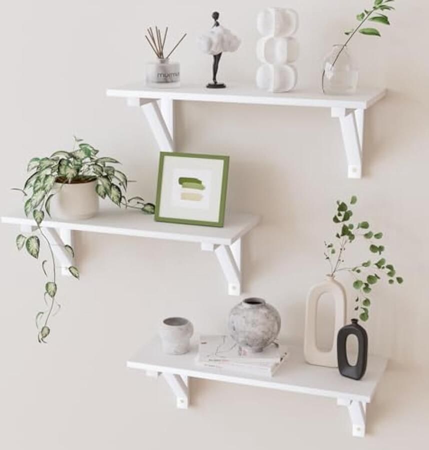 Wandrek van hout 3-delige set keukenrek hangend boekstelling muur hangplank wandplank zwevende plank voor kinderkamer woonkamer keuken (wit)