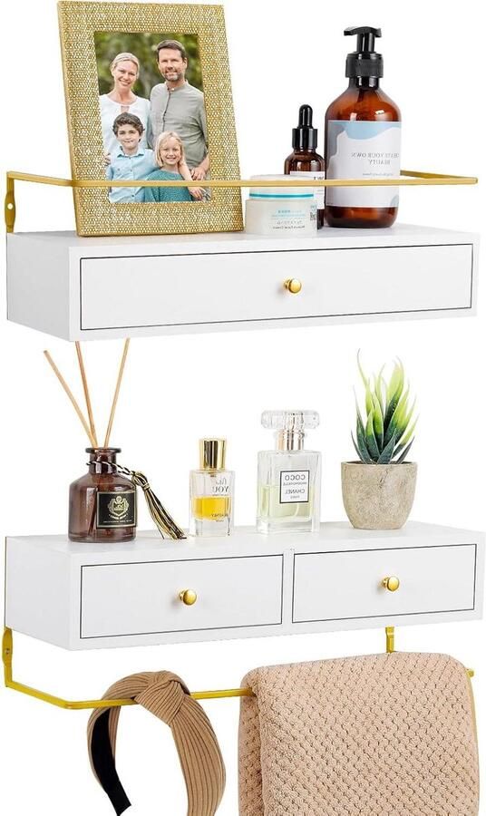 Wandrek van Hout Badkamerrek met Laden 2 Planken Wit Hout