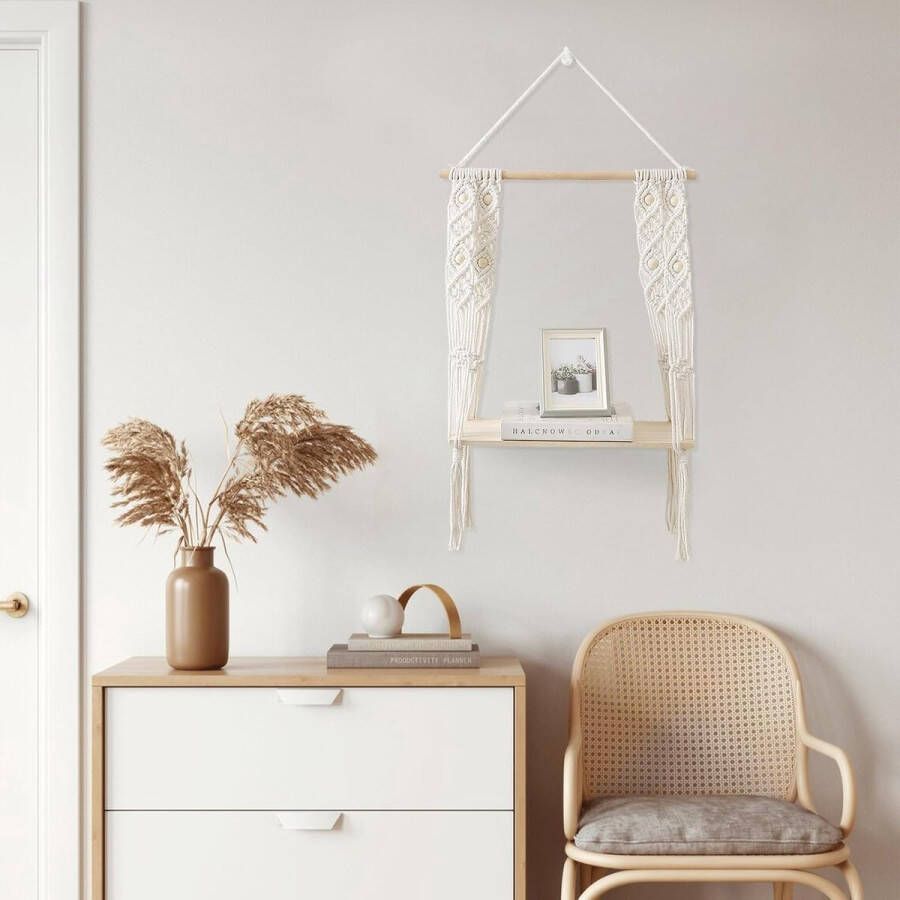 Wandrek van hout boho macramé wandbehang handgeweven zwevende plank boho-wanddecoratie voor balkon slaapkamer badkamer woonkamer binnenplaats 44 x 90 cm