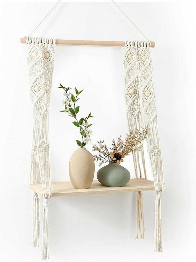 Wandrek van hout boho macramé wandbehang handgeweven zwevende plank boho-wanddecoratie voor balkon slaapkamer badkamer woonkamer binnenplaats 44 x 90 cm