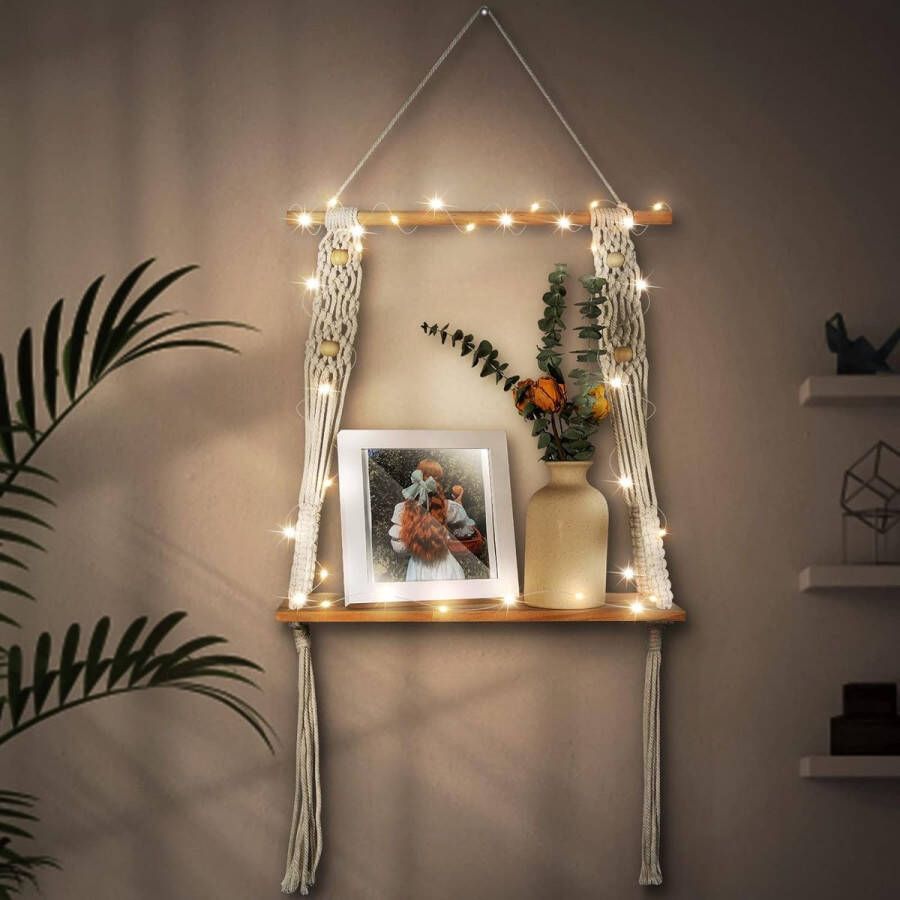 Wandrek van hout boho macramé wanddecoratie wandrek bohemien-decoratie voor woonkamer slaapkamer balkon badkamer Kerstmis handgeweven ruimtebesparend met led-lichtketting