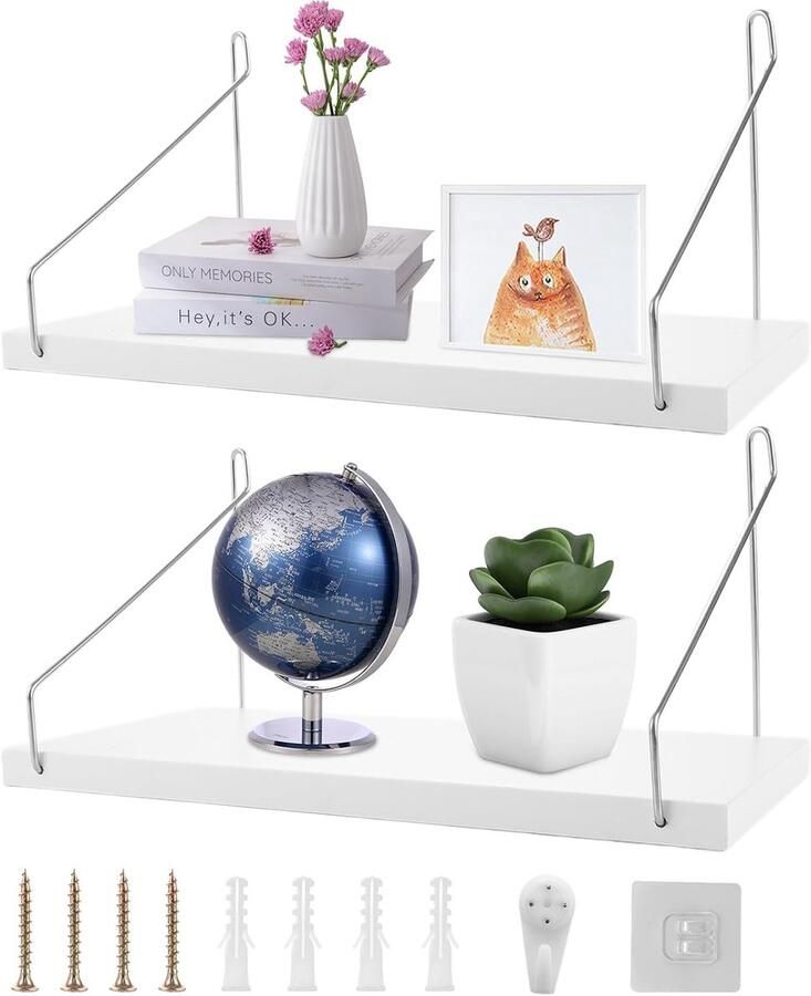 Wandrek van Hout en Metaal Ruimtebesparend Set van 2 Wit