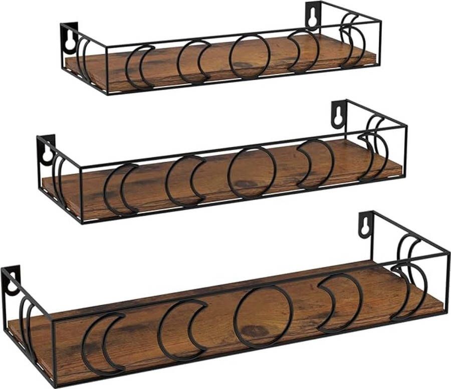 Wandrek van hout en metaal set van 3 zwevende wandplanken met maandesign zwevend wandrek voor opslag en organisatie in keuken badkamer kantoor woonkamer