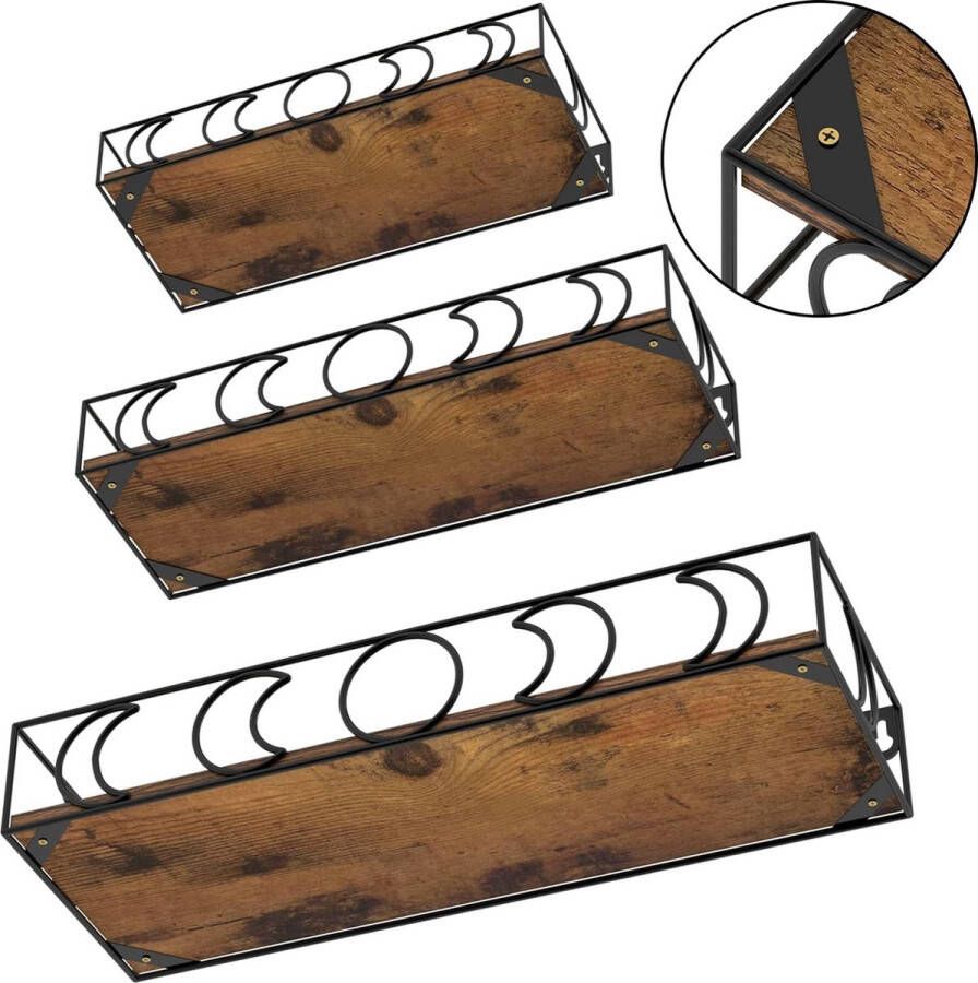 Wandrek van hout en metaal set van 3 zwevende wandplanken met maandesign zwevend wandrek voor opslag en organisatie in keuken badkamer kantoor woonkamer