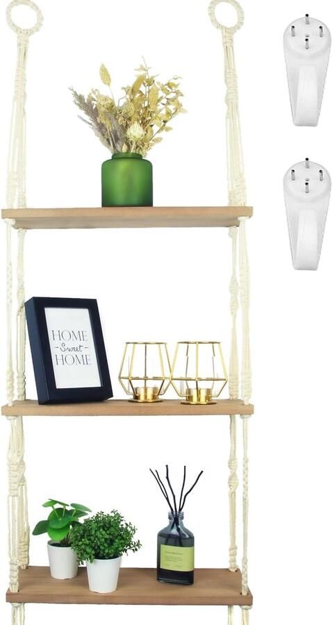 Wandrek van hout hangrek macramé wandrek met haken zonder boren als boho-wanddecoratie voor woonkamer zwevend rek plantenrek boekenkast of badkamer organizer
