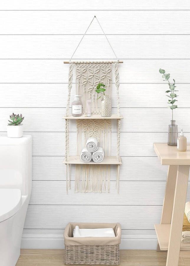 Wandrek van hout macramé wandrek boho-decoratie zwevend rek kwastjes handgeweven natuurlijk drijfhout chic zwevende planken voor woonkamer slaapkamer badkamer