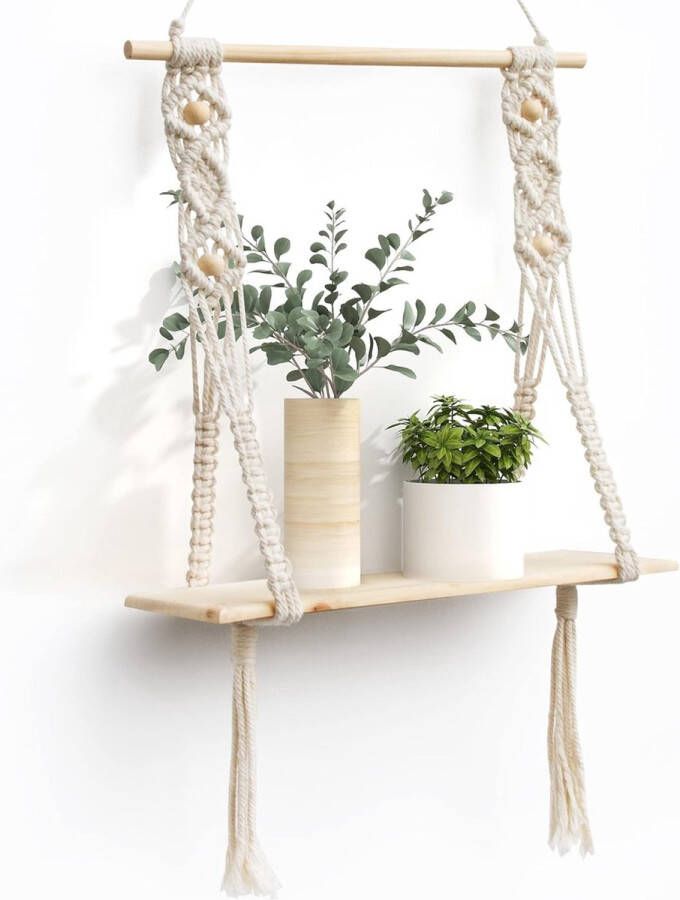 Wandrek van hout macramé wandrek boho-decoratie zwevend rek kwastjes handgeweven natuurlijk drijfhout chic zwevende planken voor woonkamer slaapkamer badkamer