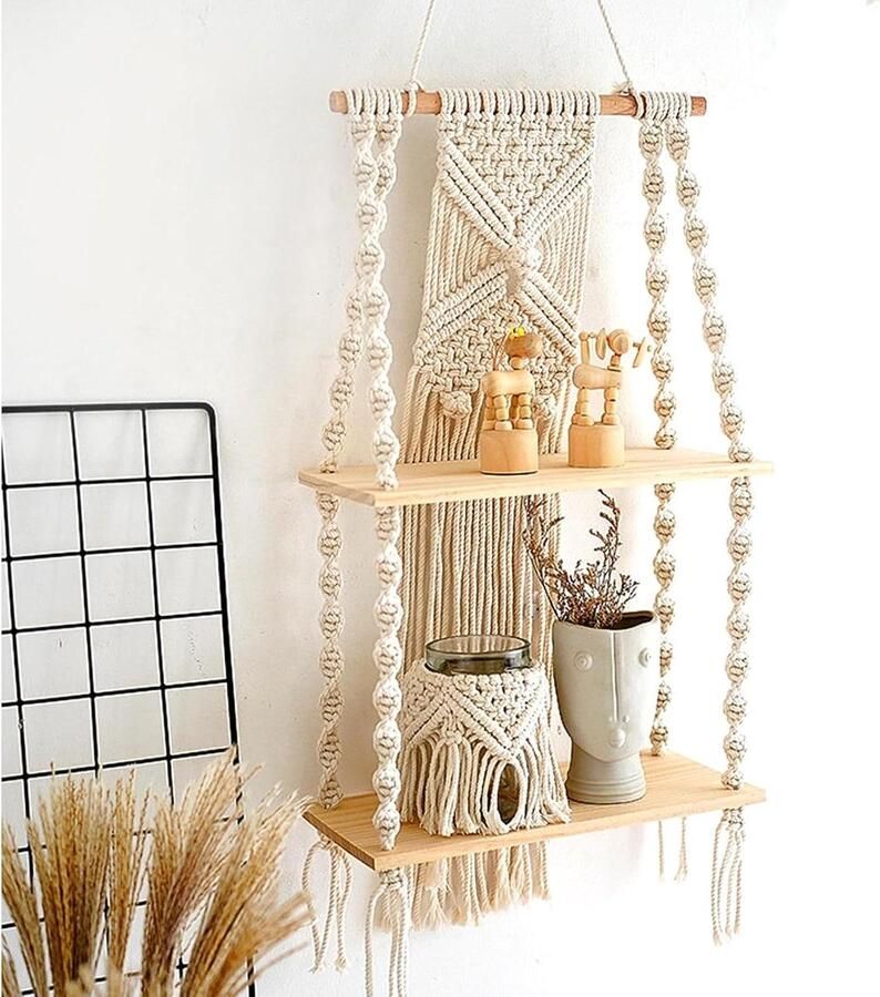Wandrek van hout met macramé wandbehang handgeweven boho decoratie natuurlijk drijfhout boho hangrek voor woonkamer slaapkamer balkon hal