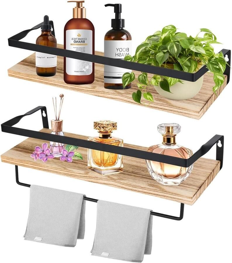 Allecto Plus Wandrek hout set van 2 Keukenrekken met handdoekhouder Decoratieve wandplanken Zwevende plank Rustiek design 40 cm Voor keuken badkamer bijkeuken Woonkamer Multifunctioneel opbergsysteem