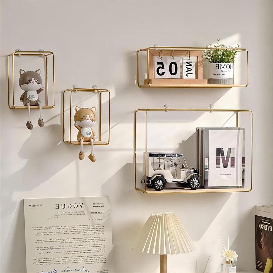 Wandrek van ijzer en hout modern wanddecoratie 4 stuks goud ijzer en hout