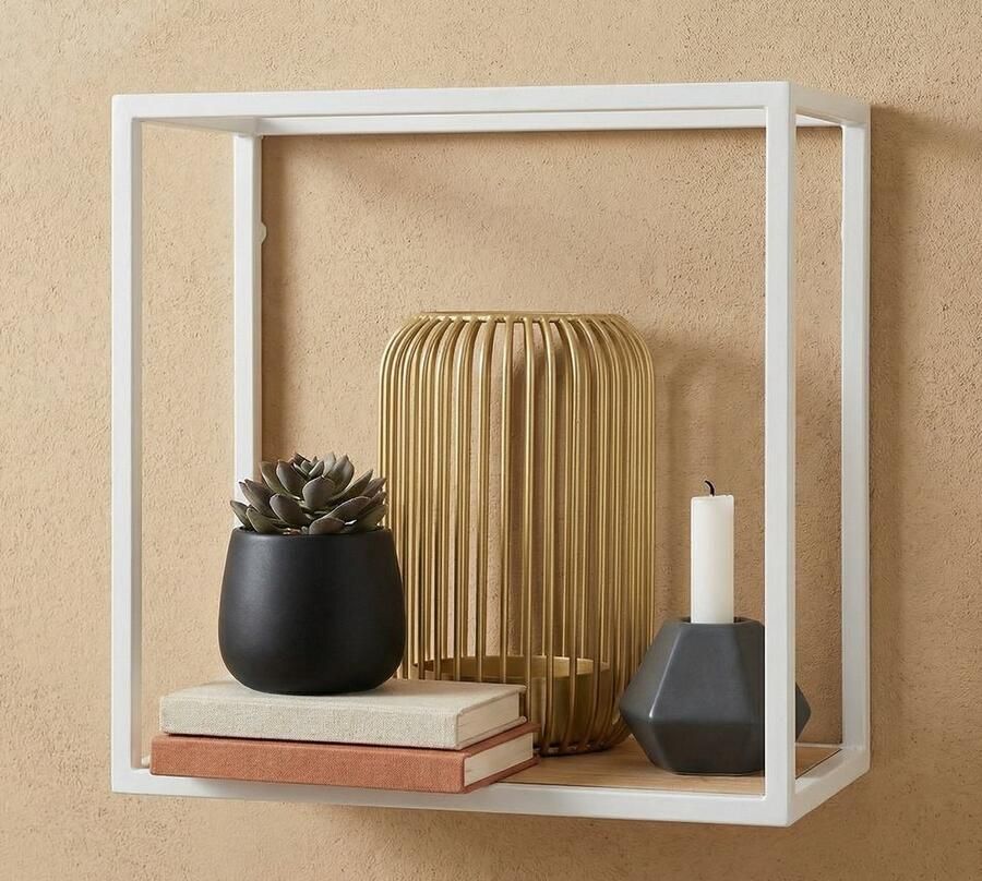 Galeara Design Wandschap 18cm x 18cm x 12cm Wandrek wit dun met hout wandplank Soto rechthoekig Wandschappen design metaal - Foto 3