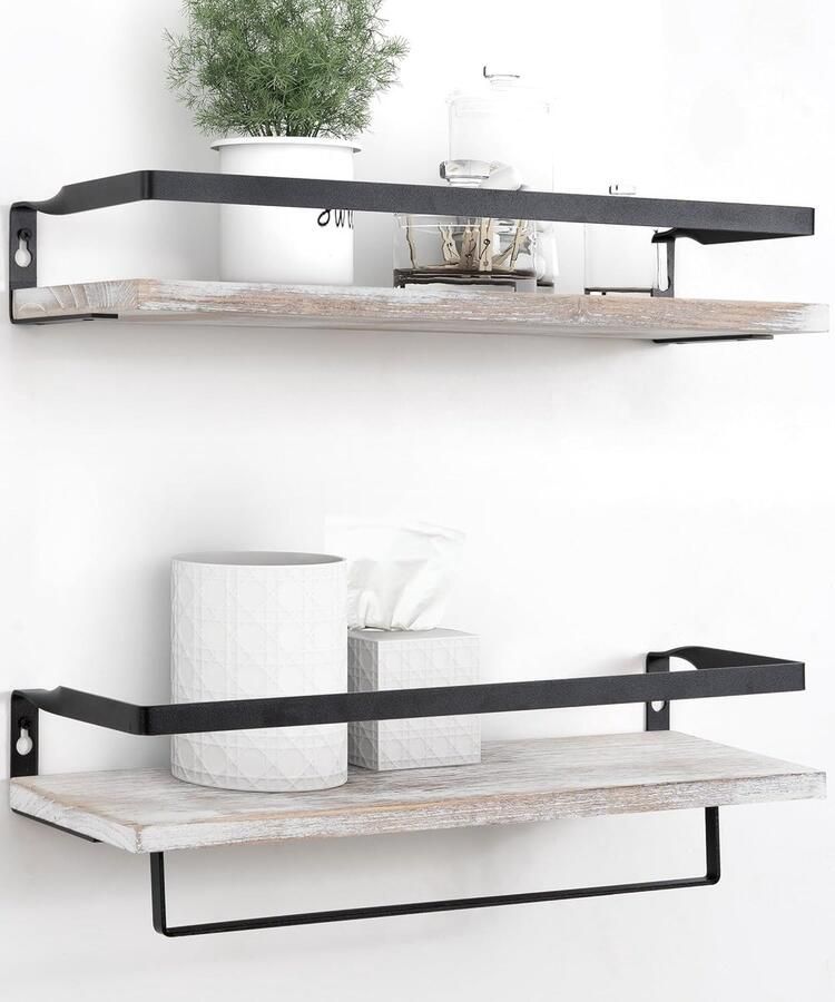 Wandrek voor badkamer decoratief en functioneel set van 2 wit zwart hout metaal