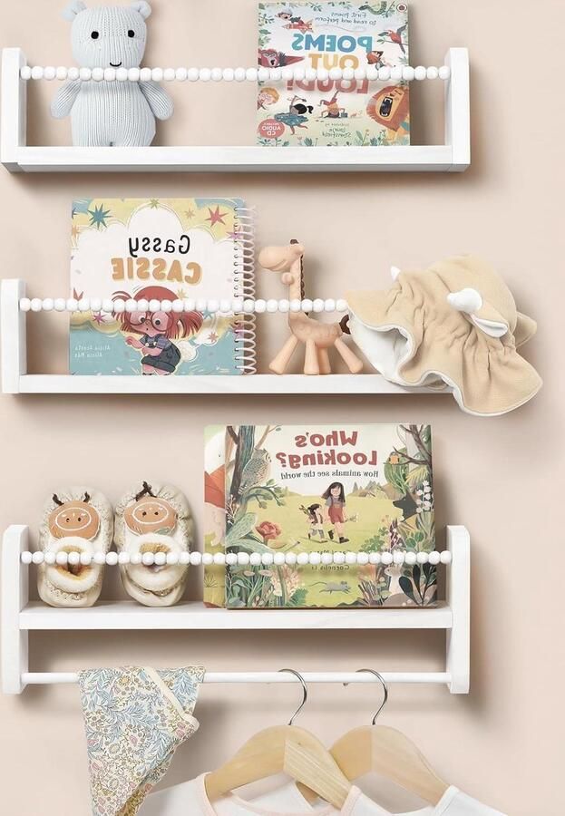 Wandrek voor kinderkamer set van 3 zwevende rekken wit met houten kralendesign organizer en decoratie voor kinderen keuken en boekenplank