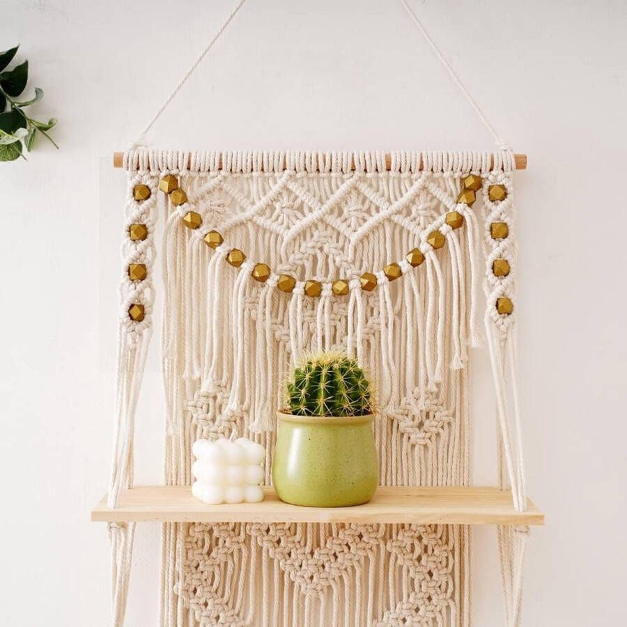 Wandrek voor macramé boho-decor 3-traps zwevende planken wandtapijt handgeweven met houten plank natuurlijk hangrek chic drijvende kwast planken voor badkamer woonkamer balkon - Foto 1