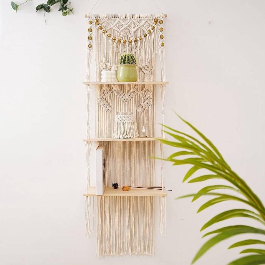 Wandrek voor macramé boho-decor 3-traps zwevende planken wandtapijt handgeweven met houten plank natuurlijk hangrek chic drijvende kwast planken voor badkamer woonkamer balkon