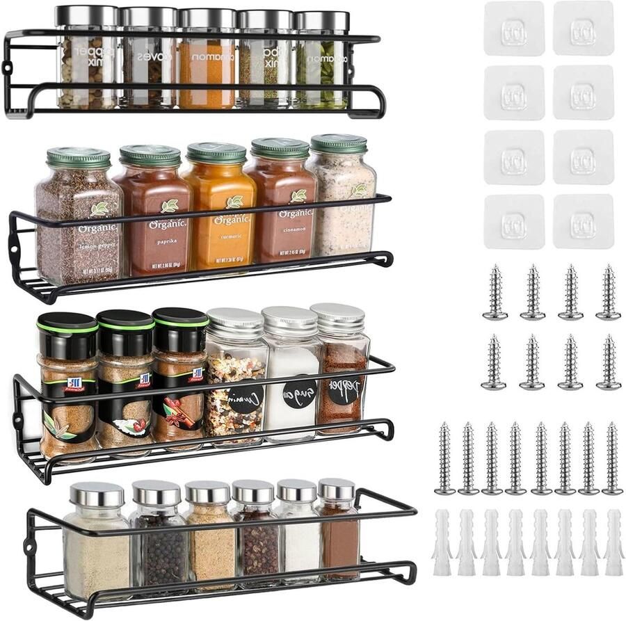 Wandrek voor Specerijen 4 Stuks Zwart Metalen Wandrek Zonder Boren