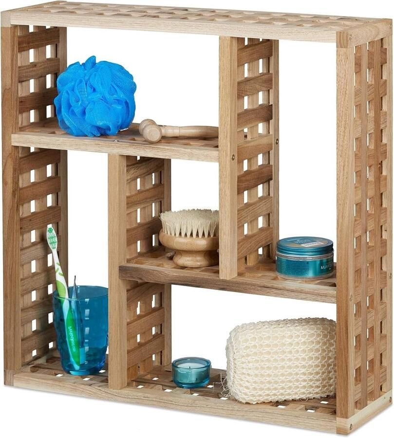 Wandrek walnotenhout 5 vakken 50x50x15 cm voor bad- of woonkamer natuur bathroom shelf wood