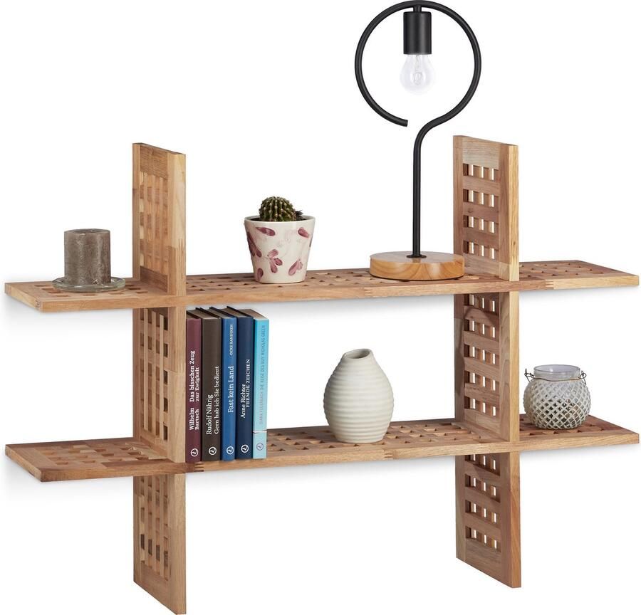Relaxdays wandrek walnotenhout 6 vakken zwevend voor boeken 66 x 93 x 22 cm natuur