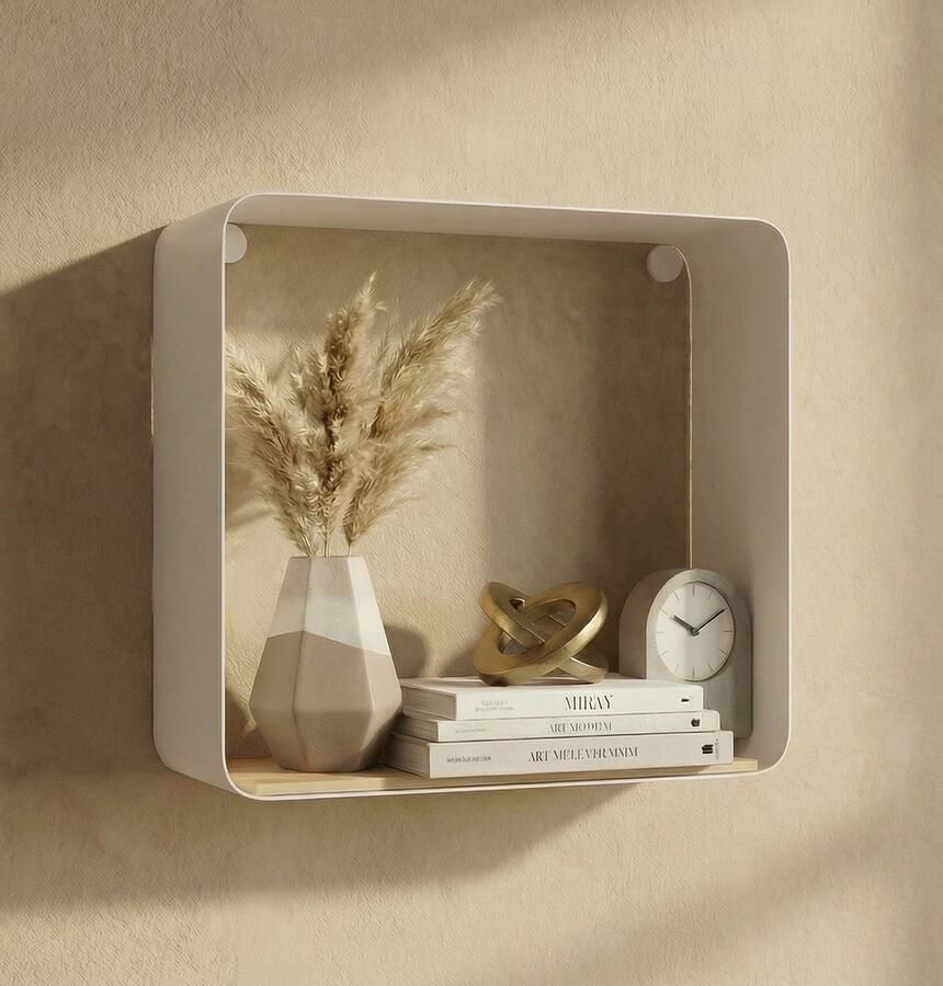 Galeara Design Wandschap Wandrek wit met hout 18cm x 18cm x 12cm . wandplank Zoox Wandschappen design metaal - Foto 2