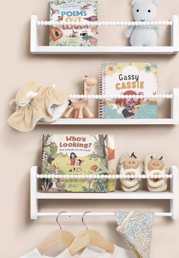 Wandrek wit voor kinderkamer boekenkast set van 3 zwevend rek kinderrek wit met houten kralendesign voor organizer keuken kruidenrek wanddecoratie opbergrek voor kinderen