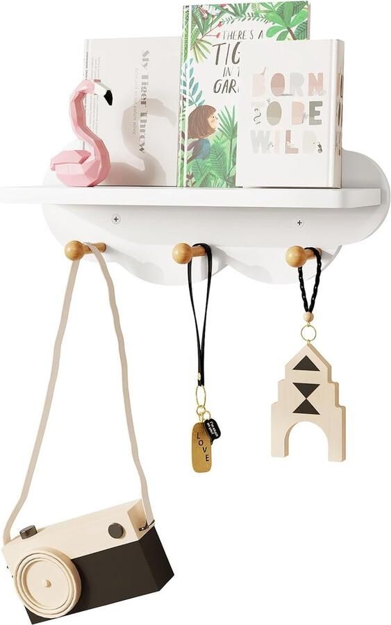 Wandrek wolk boekenkast voor kinderen wolk wanddecoratie wolkvorm wandrek voor kinderen wit rek met 3 haken van MDF 36 x 20 5 x 12 cm