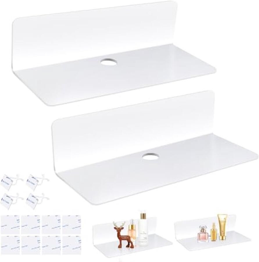 Wandrek zonder boren Set van 2 Witte zwevende wandplanken voor badkamer woonkamer slaapkamer keuken en kantoor