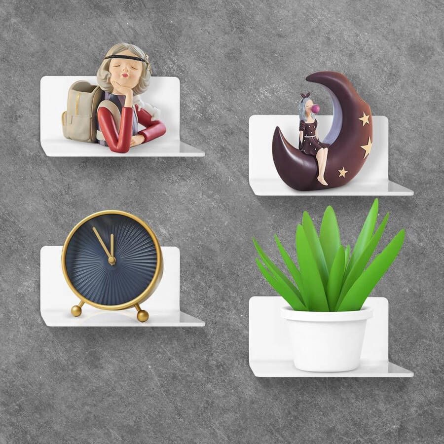 Wandrek zonder boren set van 4 badkamerrek wit acryl klein rek zonder boren keukenrek wandkruidenrek plank met draadgat voor slaapkamer badkamer keuken woonkamer kantoor