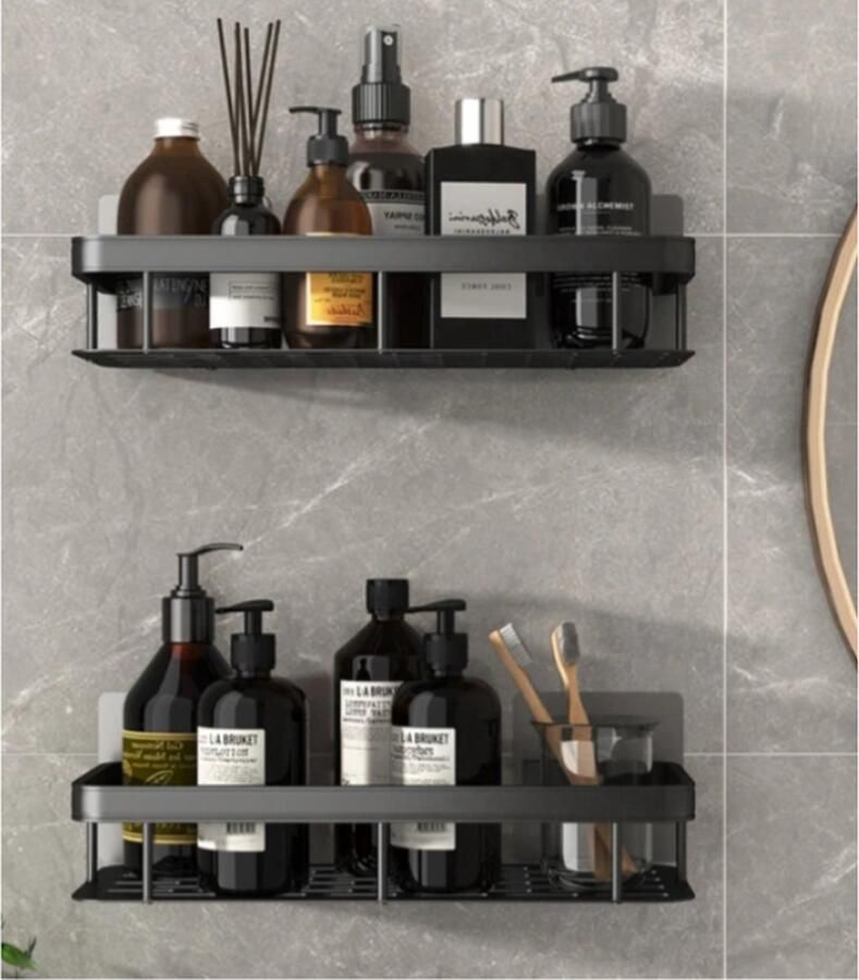 SNQ Wandplank Zwart 2 Stuks Doucheplank Geen Boren Vereist Plank 30*13*4.8CM