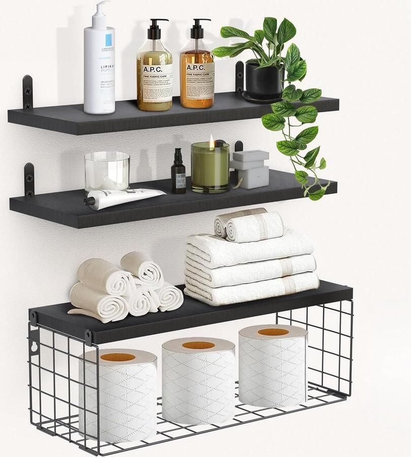 Wandrek zwart 3-delige set zwevende planken houten planken met draadmand wandplank kruidenrek hangrek voor badkamer slaapkamer woonkamer keuken bijkeuken 40 cm