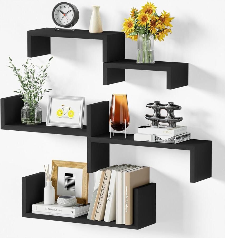 Wandrek zwart 5 stuks zwevende plank moderne wandplank decoratie hangrek voor woonkamer badkamer slaapkamer kantoor keuken veelzijdige doe-het-zelf-montagemogelijkheden